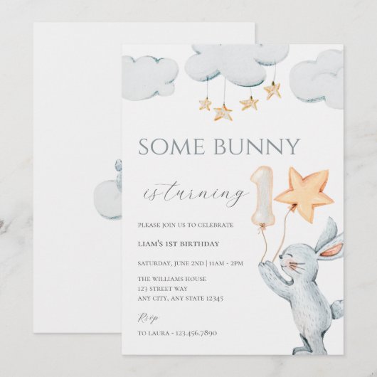 Een Bunny 1st Birthday Party Invitation Kaart (Voorkant / Achterkant)