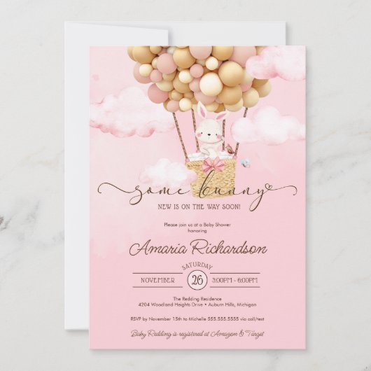 Een Bunny Air Ballon Pink Spring Baby shower Kaart (Voorkant)