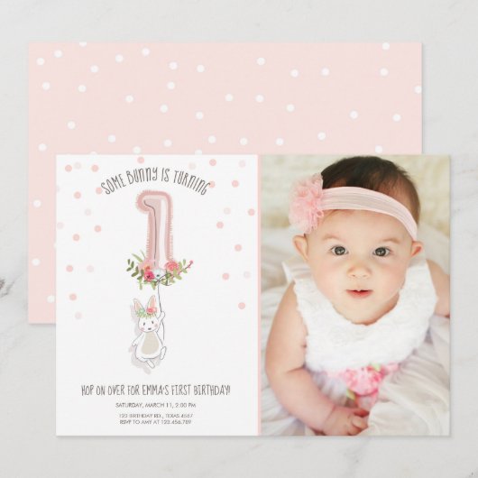 Een Bunny Birthday Invitation Girl Eerste Roze Kaart (Voorkant / Achterkant)