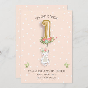 Een Bunny Birthday Invitation Girl Eerste Roze Kaart