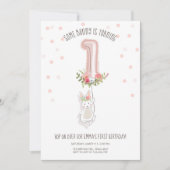Een Bunny Birthday Invitation Girl Eerste Roze Kaart (Voorkant)