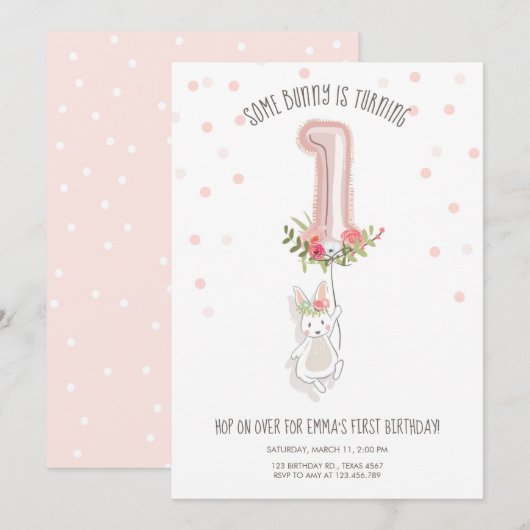 Een Bunny Birthday Invitation Girl Eerste Roze Kaart (Voorkant / Achterkant)