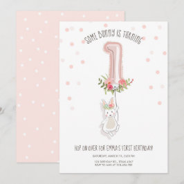 Een Bunny Birthday Invitation Girl Eerste Roze Kaart
