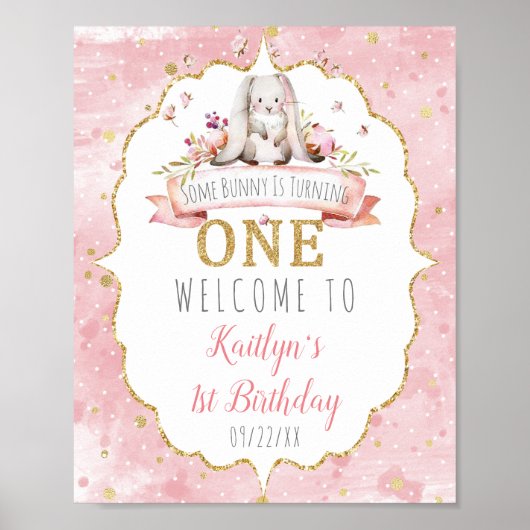 Een Bunny draait een 1e verjaardag Welkom Poster (Voorkant)