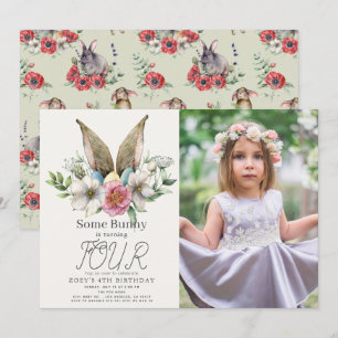 Een Bunny Ear Floral Girl Birthday Foto Kaart