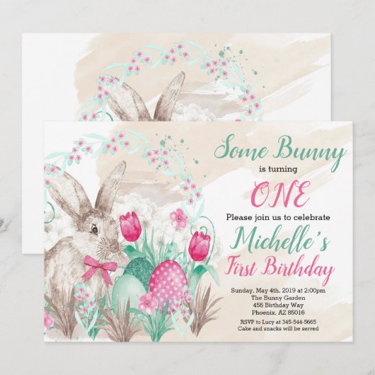 Een Bunny Easter Waterverf Birthday Kaart (Voorkant / Achterkant)