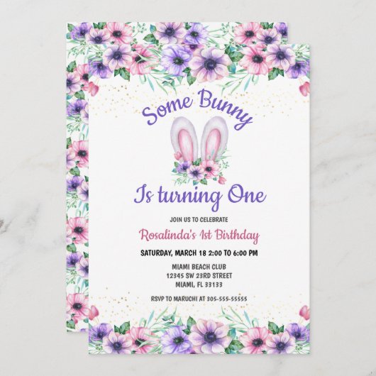 Een Bunny Editable Birthday-uitnodiging Kaart (Voorkant / Achterkant)