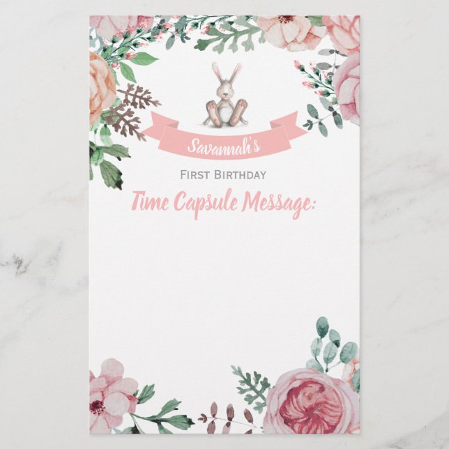 Een Bunny Floral Birthday Time Capsule Note (Voorkant)
