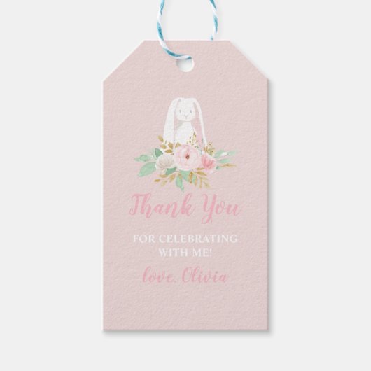 Een Bunny is een Floral eerste verjaardag Dank je  Cadeaulabel (Voorkant)