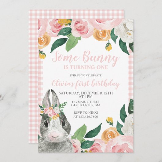 Een Bunny is een Floral First Birthday Uitnodiging (Voorkant / Achterkant)