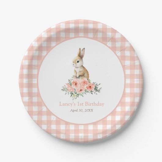 Een Bunny Pink Floral Girl Birthday Papieren Bordje (Voorkant)