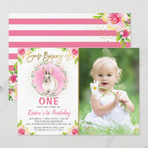 Een Bunny Pink Floral Gold Glitter Birthday Foto Kaart