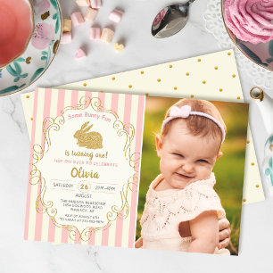 Een Bunny Pink & Gold Glitter Birthday Foto Kaart
