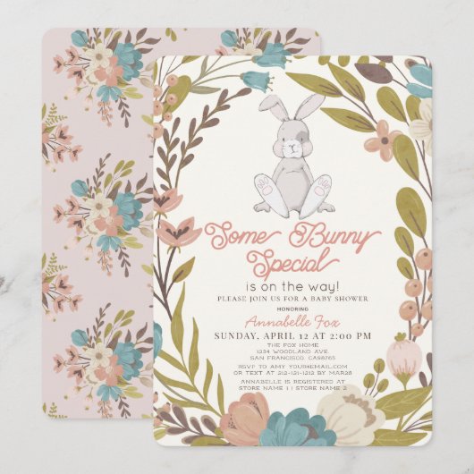 Een Bunny Special Floral Girl Baby shower Kaart (Voorkant / Achterkant)