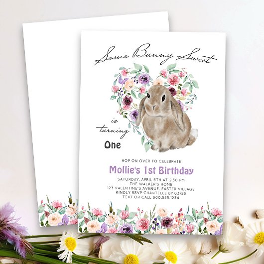 Een Bunny Sweet Floral Love Heart 1st Birthday Kaart