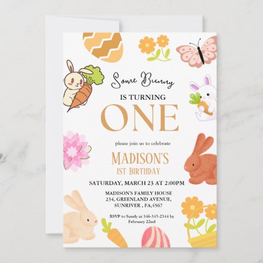 Een Bunny verandert een Bunny 1st Birthday party Kaart (Voorkant)