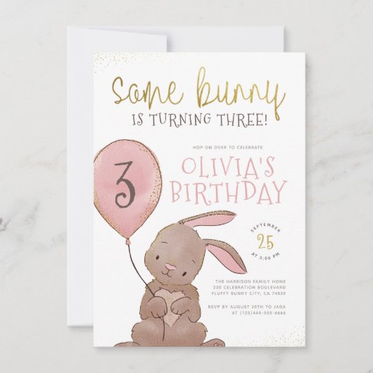 Een Bunny Waterverf Pink & Gold Birthday Party Kaart (Voorkant)