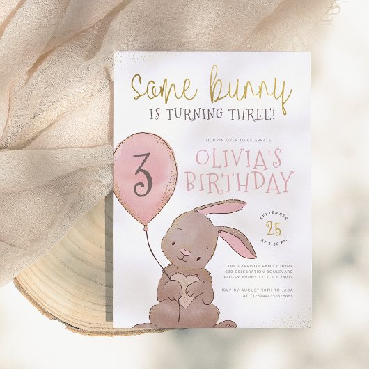 Een Bunny Waterverf Pink & Gold Birthday Party Kaart