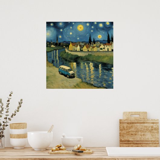 Een busje bij de rivier Van Gogh Parodie Poster (Keuken)