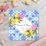 Een cadeautje voor tegels Blauwe Kartonnen Onderzetters<br><div class="desc">Blue tegels Bougainvillea en lemon Amalfi Positano Mediterranean style custom bruiloft gift personalized name paper onderzetters,  personalized bridal party gifts.</div>