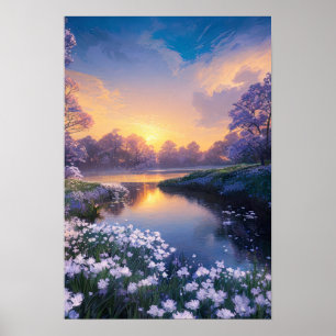 Een Calm-rivier in een Bed van Witte Bloemen Poster
