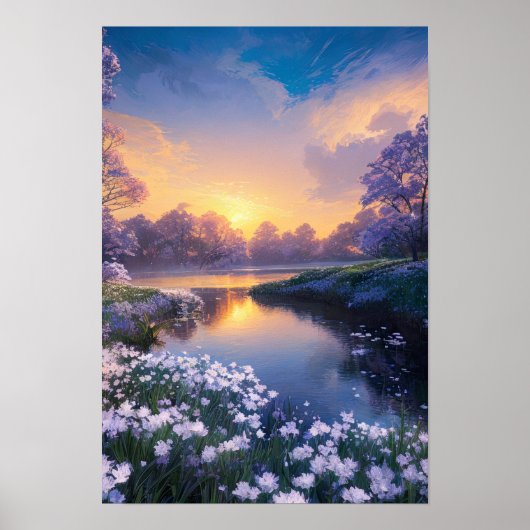 Een Calm-rivier in een Bed van Witte Bloemen Poster (Voorkant)