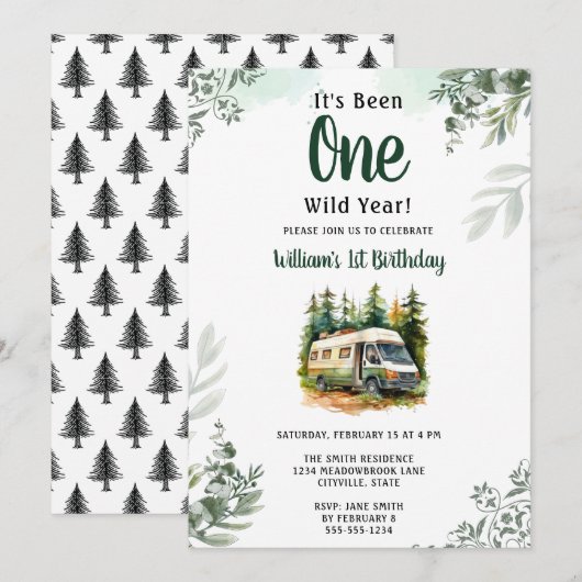 Een Camper Mountain Forest 1e verjaardag Kaart (Voorkant / Achterkant)