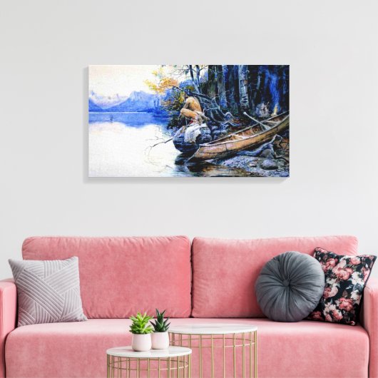 Een camping aan het meer door Charles M. Russell Canvas Afdruk (Insitu (Woonkamer))