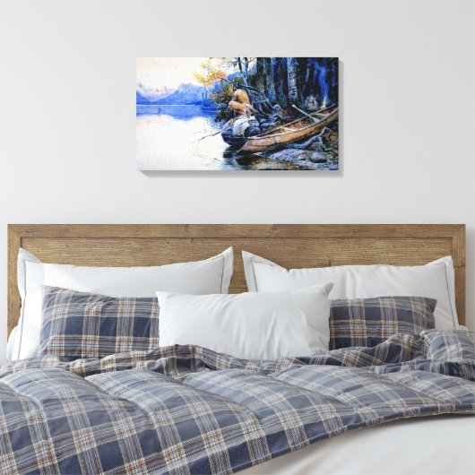 Een camping aan het meer door Charles M. Russell Canvas Afdruk (Insitu (Slaapkamer))