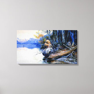 Een camping aan het meer door Charles M. Russell Canvas Afdruk