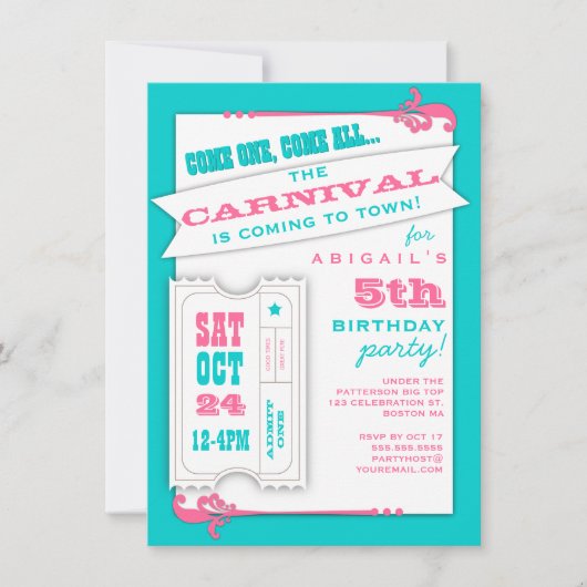 Eén carnaval Girl Birthday Party Invitation toelat Kaart (Voorkant)