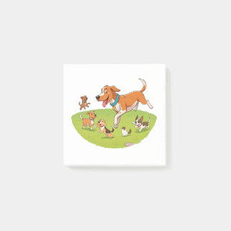 Een cartoon afbeelding van een groep honden die in post-it® notes