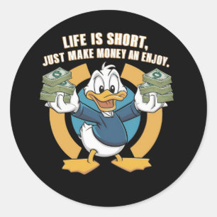 Een cartoon blij karakter eend holding bundels(3) ronde sticker