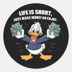 Een cartoon blij karakter eend holding bundels ronde sticker