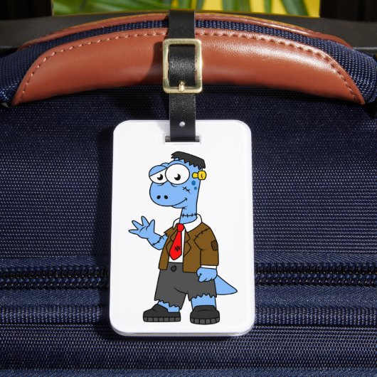 Een Cartoon Brontosaur verkleedde zich als Franken Bagagelabel (Voorkant Insitu 2)