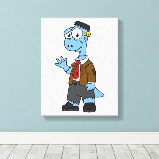 Een Cartoon Brontosaur verkleedde zich als Franken Canvas Afdruk (Insitu (Houten vloer))