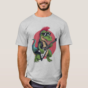 Een cartoon-dinosaurus die een elektrische gitaar  t-shirt