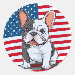 Een cartoon Franse bulldog met Amerikaanse vlag(1) Ronde Sticker