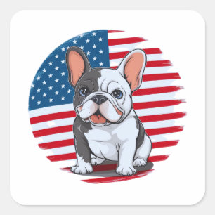 Een cartoon Franse bulldog met Amerikaanse vlag(1) Vierkante Sticker