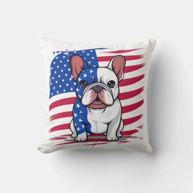 Een cartoon Franse bulldog met Amerikaanse vlag Kussen (Voorkant)