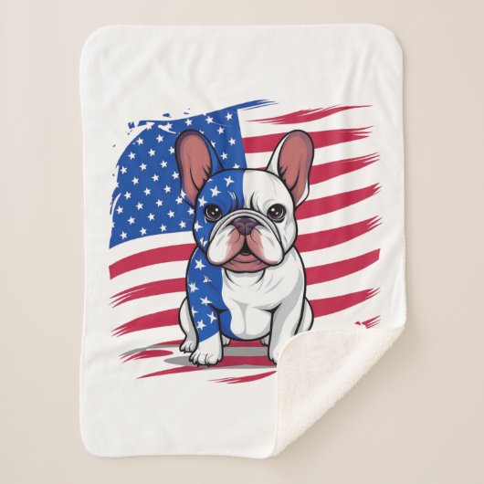 Een cartoon Franse bulldog met Amerikaanse vlag Sherpa Deken (Voorkant)