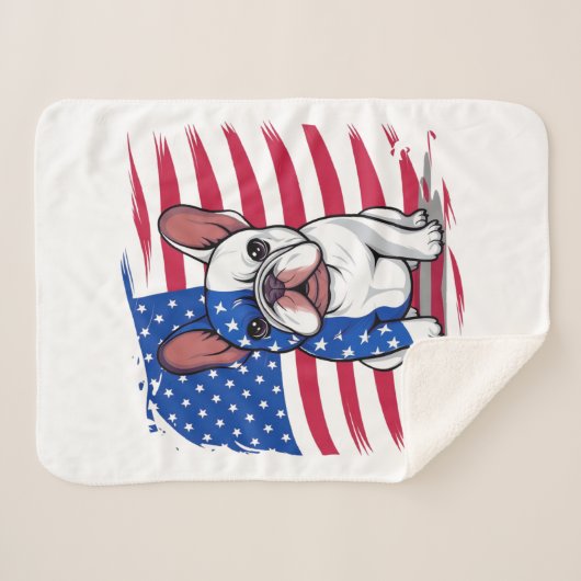 Een cartoon Franse bulldog met Amerikaanse vlag Sherpa Deken (Voorkant (horizontaal))
