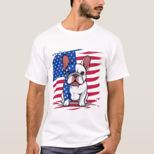 Een cartoon Franse bulldog met Amerikaanse vlag T-shirt (Voorkant)