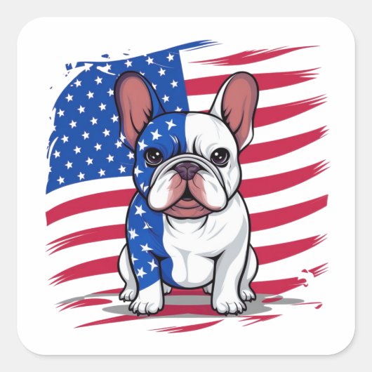 Een cartoon Franse bulldog met Amerikaanse vlag Vierkante Sticker (Voorkant)