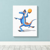 Een Cartoon Iguanodon die basketbal speelt. Canvas Afdruk (Insitu (Houten vloer))