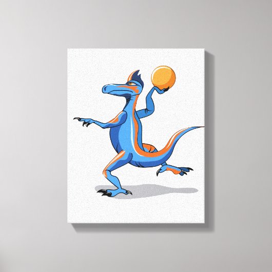 Een Cartoon Iguanodon die basketbal speelt. Canvas Afdruk (Voorkant)