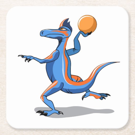Een Cartoon Iguanodon die basketbal speelt. Kartonnen Onderzetters (Voorkant)