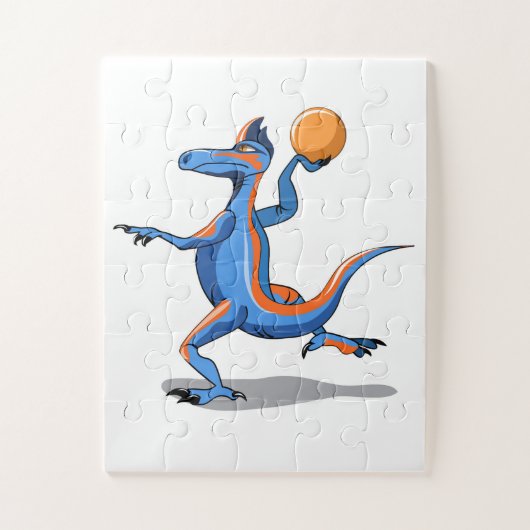 Een Cartoon Iguanodon die basketbal speelt. Legpuzzel (Verticaal)