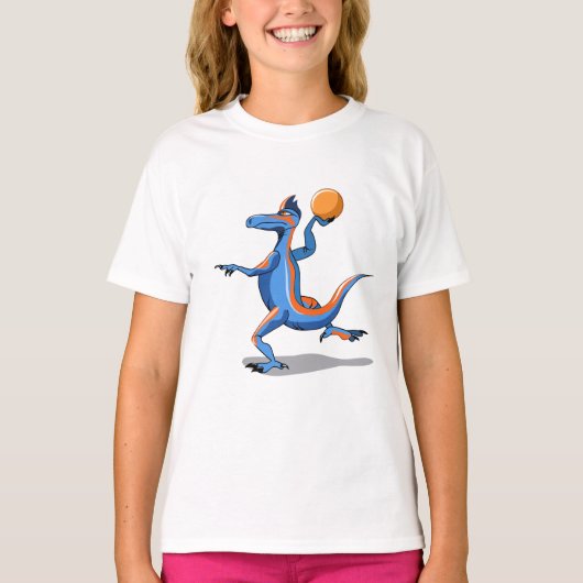 Een Cartoon Iguanodon die basketbal speelt. T-shirt (Voorkant)