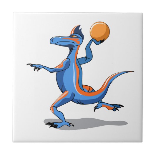 Een Cartoon Iguanodon die basketbal speelt. Tegeltje (Voorkant)